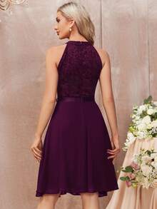 MIUSOL Đầm xòe chiffon cổ cao xếp ly ren hoa, thanh lịch, thích hợp dự tiệc cưới, sinh nhật, lễ tốt nghiệp, tựu trường và các dịp khác trong mùa xuân. - Màu Tím - Xem 3