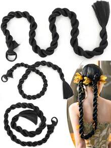 42Inch Elastic Rope Braided Ponytail Hair Extensions, Smooth Straight Wrapped Braided Hair Extensions, Natural Soft Synthetic Hair, Black,Soft & Natural Look, For Women Daily Use - Multicolor - View 5