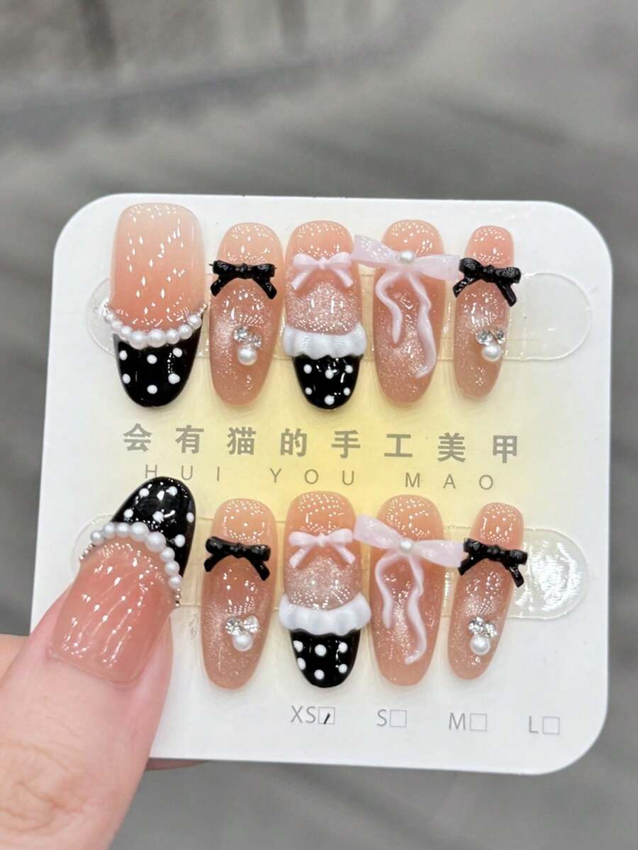 10pcs/Set Press On Nail Art Black Satin Lace Black Powder Bow Sweet And Cool Girlie Pinch Lace Trim Handmade Wearable Nails - Multicolor - View 1