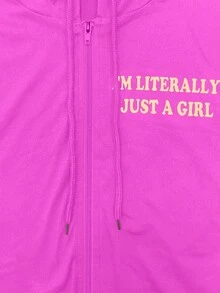LovelyWholesale 2pcs Women Sports Letter Print Zip-Up Hoodie Jacket And Leggings Set, Spring Outfit - Hot Pink - View 9