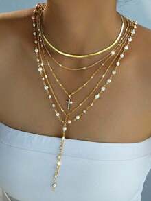 5pcs Fashionable Minimalist Cross Pendant, Faux Pearl Y-Necklace Set, Gold Tone, Layered Necklace For Women, Suitable For Vacation, Date, Party, Birthday, Christmas Gift, Versatile Daily Wear - 黃金 - 查看 2