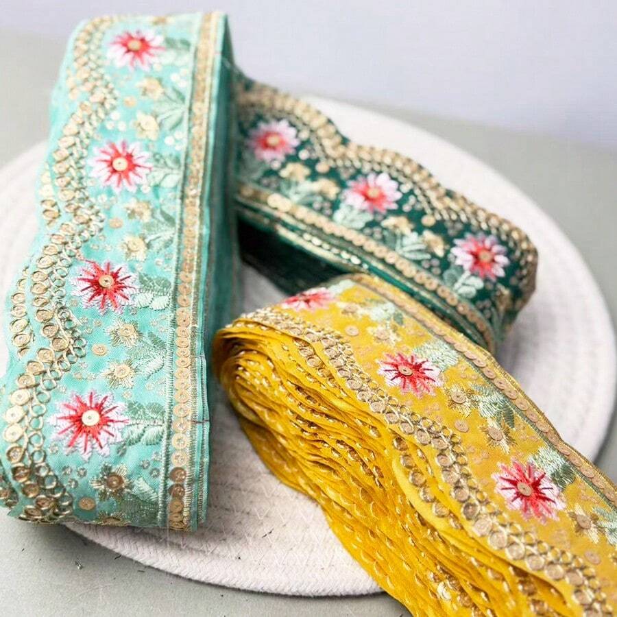 1 Rollo, 100CM Encaje bordado con lentejuelas - Amarillo vibrante, verde, blanco con patrones florales multicolor - Ideal para bandas de sombreros DIY, corbatas, decoración de cortinas y proyectos de costura, vendido por el rollo completo - amarillo - Ver 1