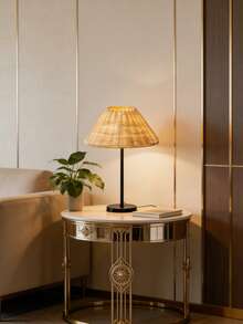 1pc Rattan Table Lamp, Vintage Handmade Pleated Lamp, Nordic Solid Wood Bedside Lamp, Suitable For Homestay, Dining Room, Camping, Dimmable Warm Light Touch Control Lamp - Black - View 2