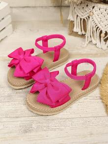 1 Pair Fuchsia Girls' Flat Sandals, Solid Soft Fabric With Bow Decor, Round Toe Open Toe, Elastic Flexible Sole, Fashionable Cute Bohemian Beach Sandals, Suitable For Daily Casual, Holiday, Party, Spring/Summer New Arrival - Hot Pink - View 1