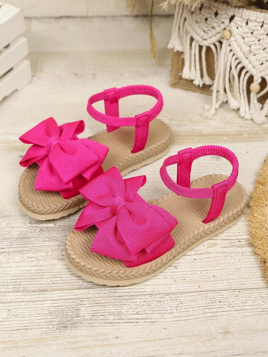 1 Pair Fuchsia Girls' Flat Sandals, Solid Soft Fabric With Bow Decor, Round Toe Open Toe, Elastic Flexible Sole, Fashionable Cute Bohemian Beach Sandals, Suitable For Daily Casual, Holiday, Party, Spring/Summer New Arrival - Hot Pink - View 1