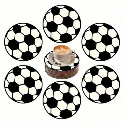 6pcs Wooden Coasters - 2D Football Pattern Design, Heat Resistant Coffee Mats, Kitchen Counter Protection, Sports Theme Party Decor - Perfect Gift For Football Fans & Friends, Essential For Home Bar, Non-Slip Desk Mats, Entertainment Home Accessories