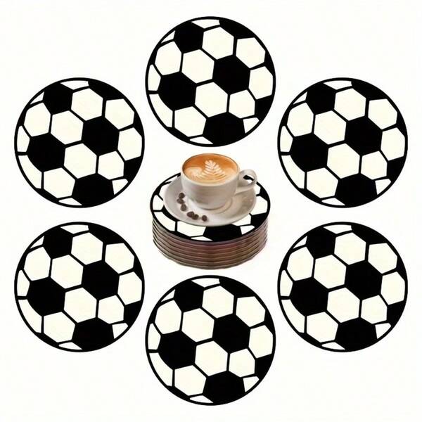 6pcs Wooden Coasters - 2D Football Pattern Design, Heat Resistant Coffee Mats, Kitchen Counter Protection, Sports Theme Party Decor - Perfect Gift For Football Fans & Friends, Essential For Home Bar, Non-Slip Desk Mats, Entertainment Home Accessories