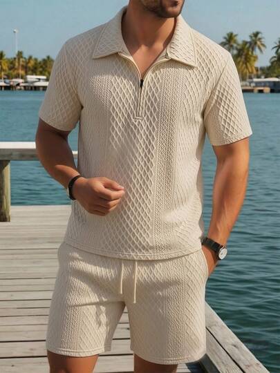 2 piezas Conjunto de camisa polo de manga corta caqui y pantalones cortos con cordón para hombre, con camisa polo con textura de diamante y cremallera y pantalones cortos con cintura elástica, tela jacquard transpirable y suave, estilo de vacaciones en la playa, ideal para salidas de verano