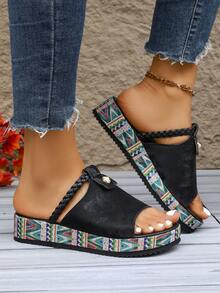 2026夏季新款时尚厚底露趾沙滩拖鞋，性感度假休闲女士凉鞋 - 黑色 - 查看 5