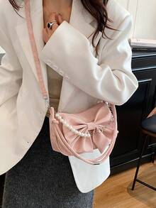 2026新款温柔蝴蝶结设计女士单肩包，珍珠拼接链条斜挎包，休闲百搭腋下包，尽显优雅气质 - 粉色 - 查看 5