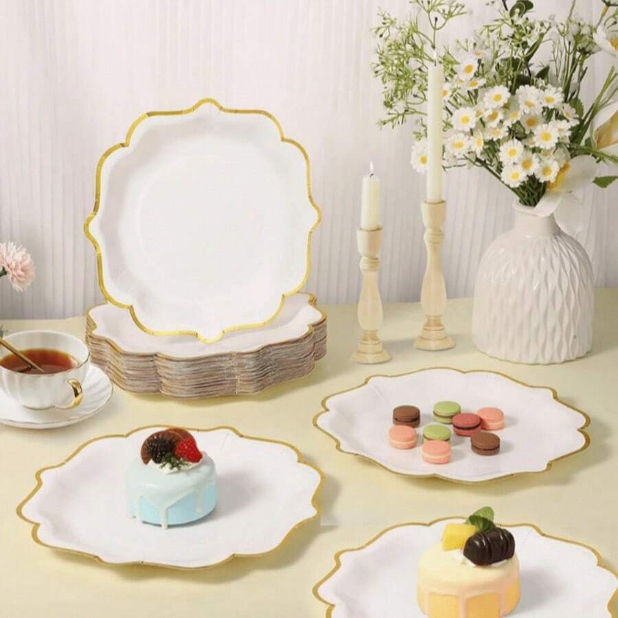 Đĩa giấy trắng viền vàng (1 cái/10 cái/25 cái/50 cái), đĩa tráng miệng màu trắng 7 inch x 9 inch, đĩa giấy dùng một lần có viền lượn sóng và viền nhũ vàng, thích hợp cho tiệc trà, tiệc sinh nhật, tiệc cưới, tiệc kỷ niệm. - 1 YEAR - Xem 1