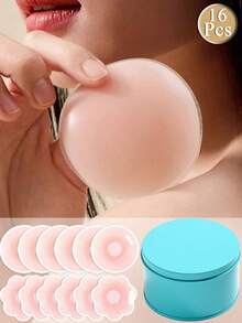 2/8/16pcs Reusable Women Nipple Covers Invisible Breast Petals With Travel Storage Box - Pink - View 2