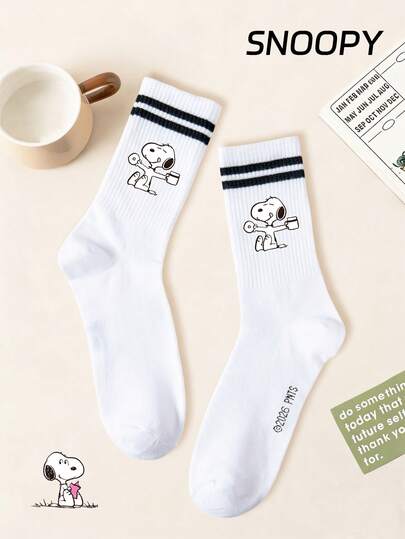 SNOOPY 1双正品图案女士船袜，双条纹设计，可爱卡通图案，防臭吸湿，休闲百搭运动船袜，适合学生/成人作为礼物或日常穿着
