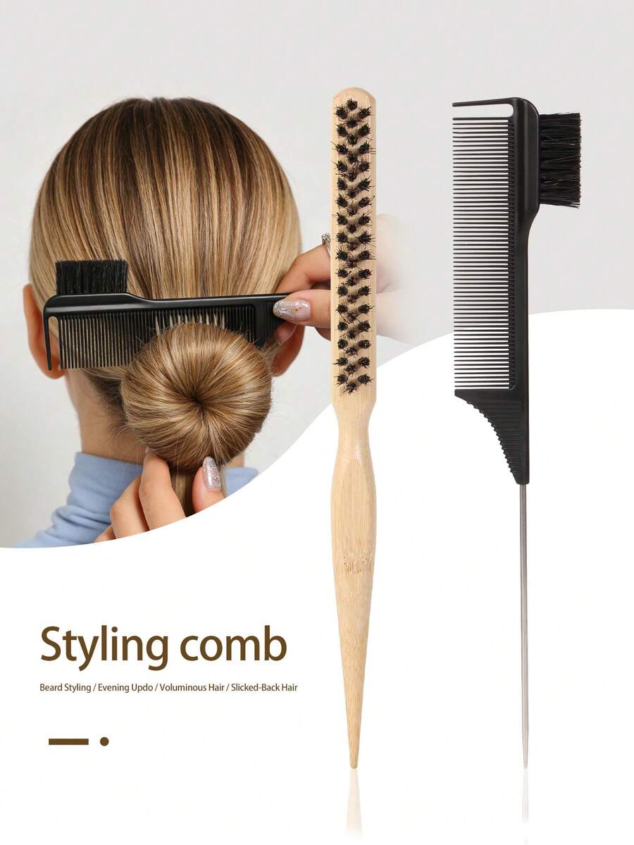 Hair Styling Comb Set, Teasing Brush + Edge Brush With Steel Pin Tail, Boar Bristle Brush For Voluminous Hair, Evening Updo, Slick Back Hairstyle And Beard Styling - Multicolor - View 1