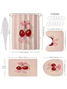 1/4 件装樱花蝴蝶结图案防水涤纶浴帘，配 12 个挂钩，浴室防滑垫，马桶座套和 U 型垫 - A - 查看 5