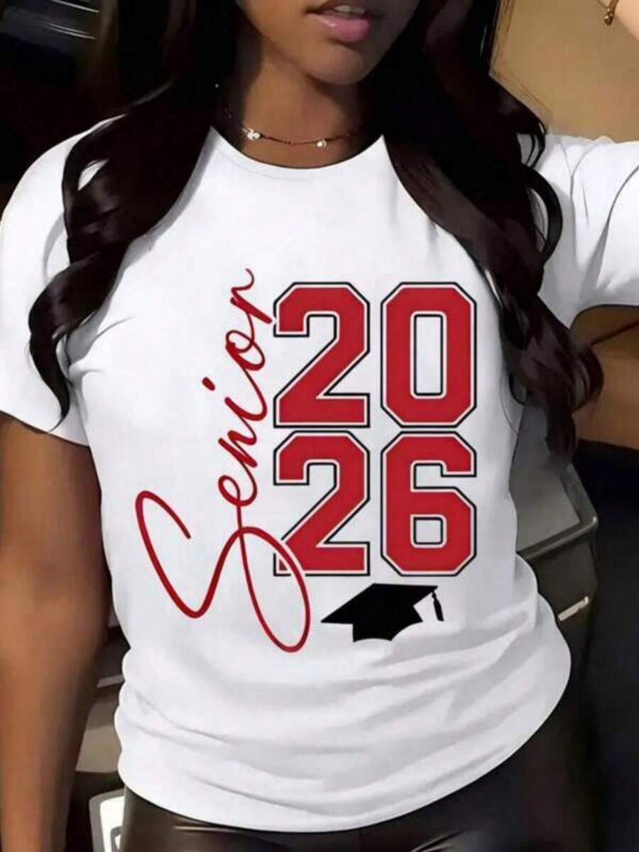 Senior 2026 Graduation T-Shirt For Women Class Of 2026 Graphic Tee With Cap Design Perfect Gift For School Graduates. Summer Outfits For Women,Vacation Outfits Women,,Elegantes - trắng - Xem 1