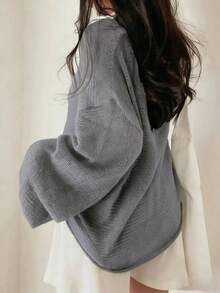 Casual Solid Color Round Neck Long Sleeve Loose Knit Sweater Spring - Grey - View 4
