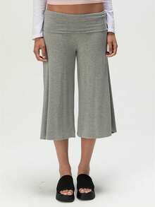 Women's Fold Over Waist Capri Fashionable Casual Solid Color Low Rise Wide Leg Crop Pants - 灰色 - 查看 1