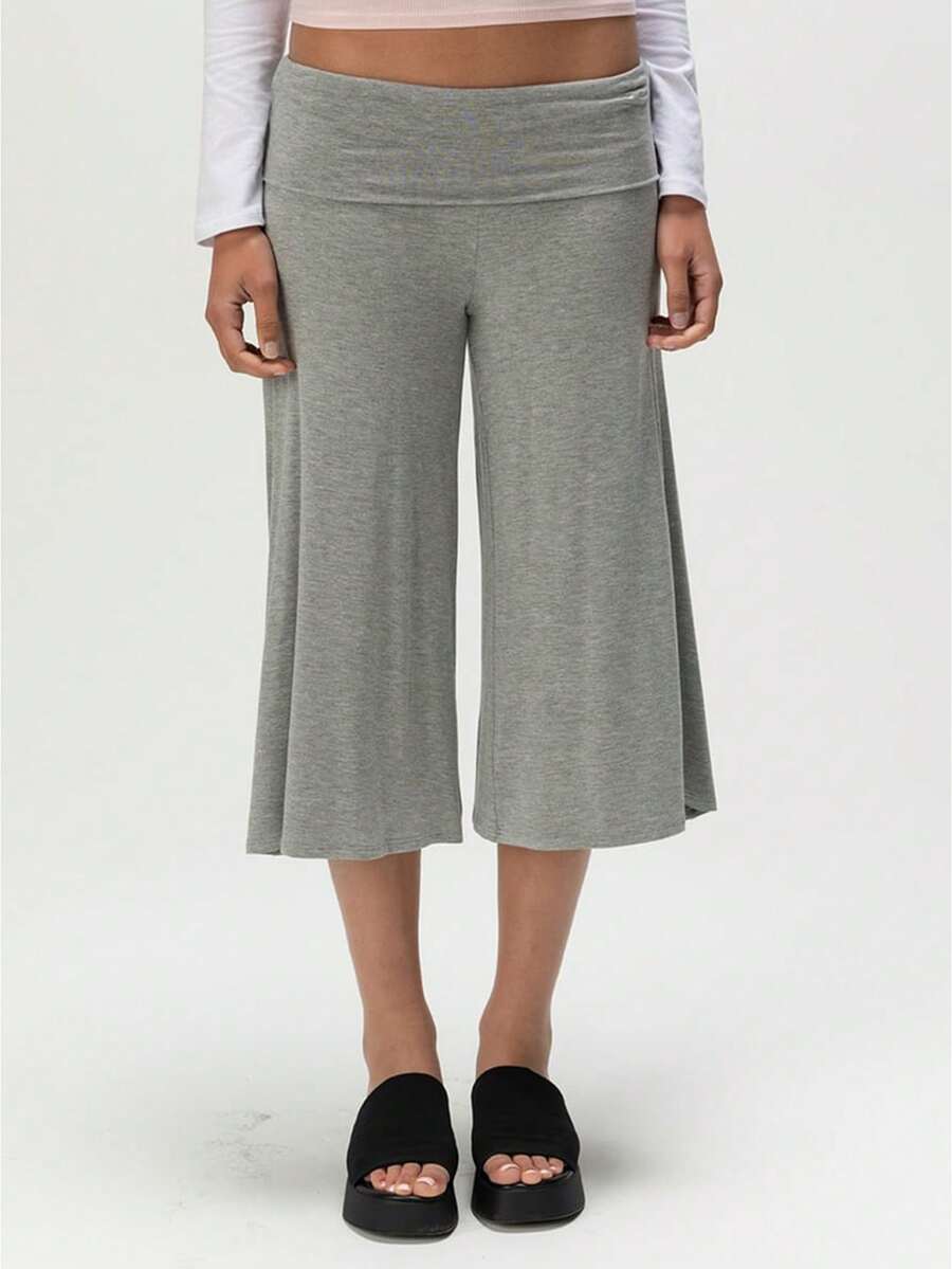 Women's Fold Over Waist Capri Fashionable Casual Solid Color Low Rise Wide Leg Crop Pants - 灰色 - 查看 1