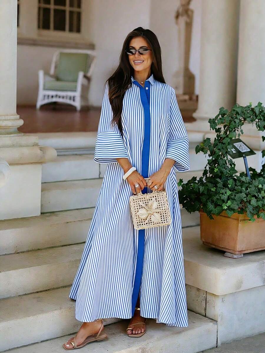 Rochie elegantă cu dungi colorate pentru femei, la modă primăvară/vară, stil casual versatil, potrivită pentru ieșiri zilnice și vacanțe, detaliu contrastant de culoare cu nasturi centrali în față, rochie elegantă evazată, linie A