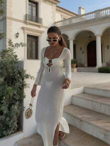 女士春夏度假风白色罩衫连衣裙，轻盈针织深V领长袖连衣裙，波西米亚风格，适合海滩、旅行、度假、约会、音乐节等场合。 - 白色 - 查看 4