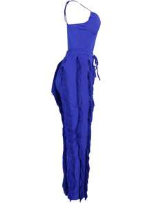 CALEBGAR Women 2 Piece Outfits Fringe Tassel Wide Leg Pants Set Adjustable Spaghetti Strap Bodysuit Sexy Clubwear Matching Sets. - Màu xanh lam - Xem 4