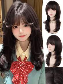 Wig Rambut Lurus Serat Sintetis Tahan Panas Berlapis Tinggi Warna Cokelat Hitam 18 Inci dengan Poni, Dapat Mengubah Bentuk Wajah dan Menambah Volume, Cocok untuk Pemakaian Sehari-hari dan Liburan Wanita - MultiWarna - View 9