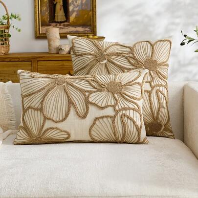 1pc Modern Minimalist Beige Floral Embroidered Throw Pillow Cover, Spring/Summer Floral Cushion Cover, Suitable For Indoor Decor, All Season Pillow Cover, Pillow Insert Not Included