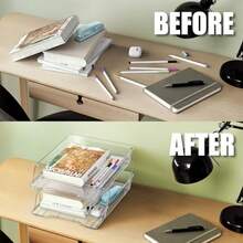 Simple Houseware - Organizador de bandeja de cartas apilable transparente de 2 niveles soporte para archivos de computadora para papel A4/tamaño carta clasificador de documentos organizador de - Claro - Ver 3