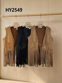 Vintage Western Cougirl Suede Vest With Fringe For Women - 摩卡棕 - 查看 2