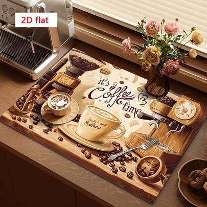 1pc Coffee Drying Mat, Coffee Machine Pad With Coffee Bean & Cup Pattern, Absorbent Multipurpose Draining Mat For Dining Table And Cafe, Household Gift, Desktop Decor