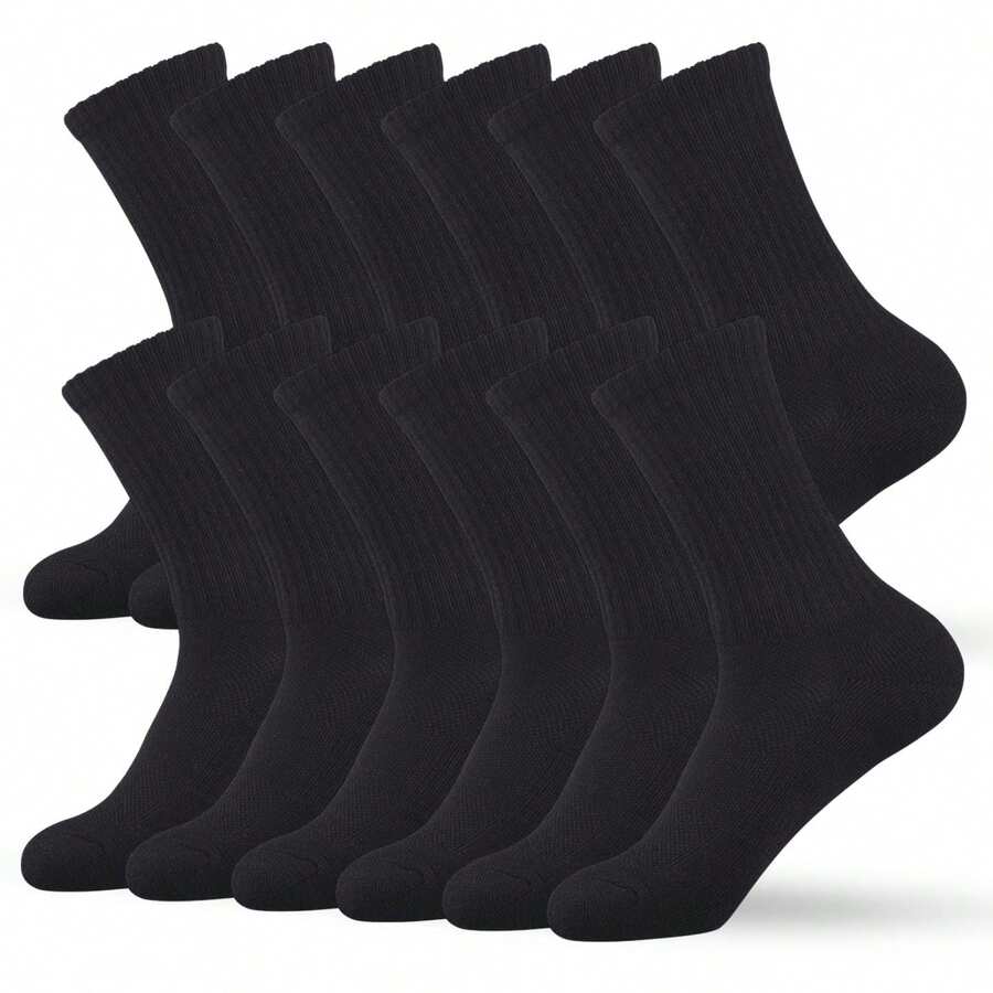 12 Pairs Cotton Cushion Crew Socks With Arch Support And Mesh Cotton Blend Athletic Sports Workout Running Socks Comfort Cozy Sweat-Absorbing Anti-Slip Comfy Value Pack - 黑色长筒袜带足弓支撐和網眼布料 - 9-11碼 - 12雙裝 - 查看 1