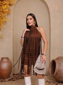 Women's Dress With Fringe, Country Rodeo Style, Elegant - Rỉ Nâu - Xem 4