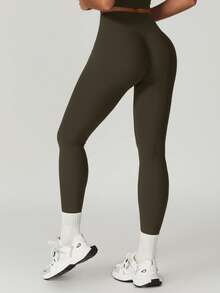 MASKERT 女士瑜伽健身高弹舒适亲肤紧身裤 - 橄欖綠 - 查看 5