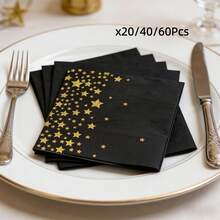 Bộ 20/40/60 khăn ăn họa tiết ngôi sao đen vàng, thích hợp cho lễ Phục Sinh, tiệc sinh nhật và trang trí tiệc. - Ngôi sao vàng đen - Xem 1