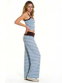 Conjunto de pijama de dos piezas para mujer, a rayas: camiseta sin mangas tipo camisola y pantalón holgado. Pijama suave para dormir. - Azul - Ver 4