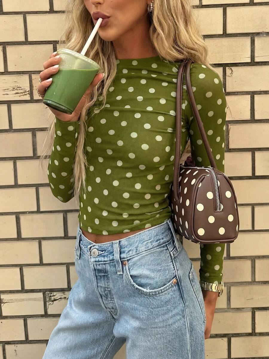 女士修身波点针织上衣 - 复古船领长袖衬衫，春夏款 - 綠色 - 查看 1