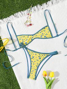 wohenmeili Bộ bikini hai mảnh hở lưng dáng rộng dành cho nữ, họa tiết hoa, thiết kế phối màu tương phản, kiểu dây chéo hở lưng, chất liệu co giãn cao, trang phục đi biển thời trang, lựa chọn mùa hè sành điệu, bikini hai mảnh phổ biến kiểu Âu và Mỹ dành cho kỳ nghỉ. - Nền màu vàng với các chấm màu xanh và vàng ở viền. - Xem 3