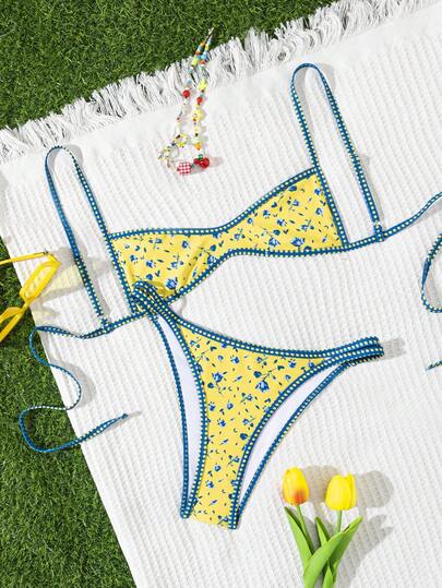 wohenmeili Women's Casual Backless Spaghetti Strap Bikini Set, Floral Print, Contrast Color Design, Criss-Cross Backless, High Stretch Beach Outfit, Fashionable Summer Choice, European And American Popular Women's Bikini Two Pieces Swimsuit