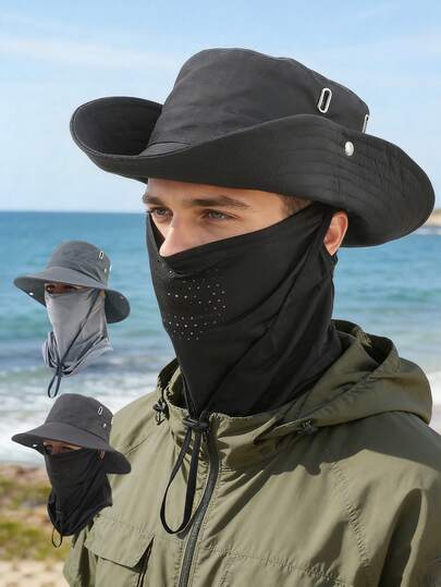 2PcsUnisex Sun Protection Set - Wide Brim Bucket Hat + Detachable Face Neck Gaiter, Breathable Mesh Vent For Fishing Hiking Outdoor