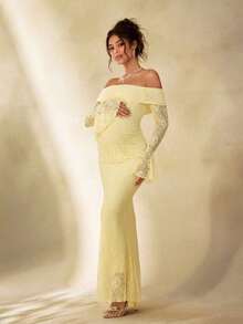 Cheriluna Maternity Maternity Photography Dress, Lace Dress/Elegant Dresses For Party, Yellow Dress For New Year, Winter Dress - 黃色 - 查看 5