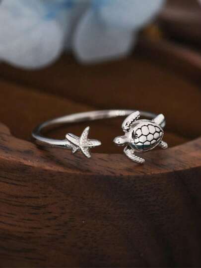 1 Pc Delicate Sea Turtle & Starfish Open Ring For Women, Vacation Beach Style Ring Jewelry For Daily Wear & Seaside Getaways