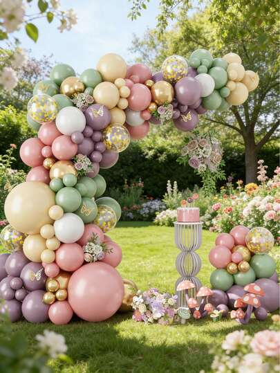 107pcs Dusty Green Purple Pink Balloon Arch Kit, Fairy Wildflower Balloon Garland Sage Green Blush Pink Lavender Purple Gold Balloons For Flower Floral Wonderland BabyShower Wedding Birthday Party Decor