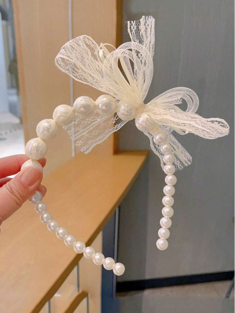 1pc Elegant Lace Trim Faux Pearl Bow Headband, Sweet Bridal Hair Accessory, Versatile Hair Hoop Hair Band - Multicolor - View 1