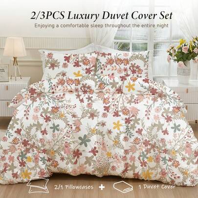 2/3pcs Bedding Set (1 Duvet Cover + 1/2 Pillowcase), Ditsy Floral, Soft & Comfortable, Skin-Friendly, Breathable, Fashionable & Fresh, Suitable For Hotel, Bedroom, Dorm, Does Not Include Comforter And Pillow, Bedding, Suitable For All Seasons