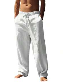 Men's Breathable Linen Loose Casual Sports Pants, Suitable Beach, Spring/Summer - 白色 - 查看 6