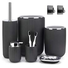 Bathroom Accessories Set Complete: 8pc Bathroom Accessory Set with Trash Can 2pc for Floor/Counter Toilet Brush Soap Dispenser Toothbrush Holder Adhesive Hook Grey Modern Bathroom Set - Gris oscuro - Ver 1
