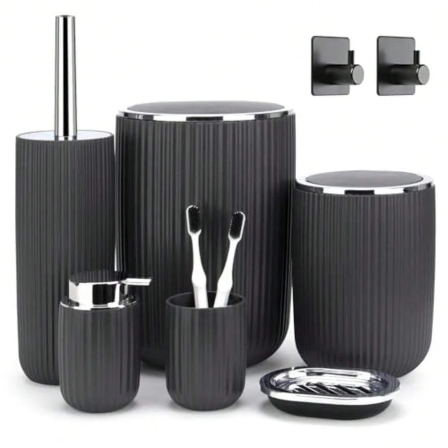 Bathroom Accessories Set Complete: 8pc Bathroom Accessory Set with Trash Can 2pc for Floor/Counter Toilet Brush Soap Dispenser Toothbrush Holder Adhesive Hook Grey Modern Bathroom Set - Gris oscuro - Ver 1