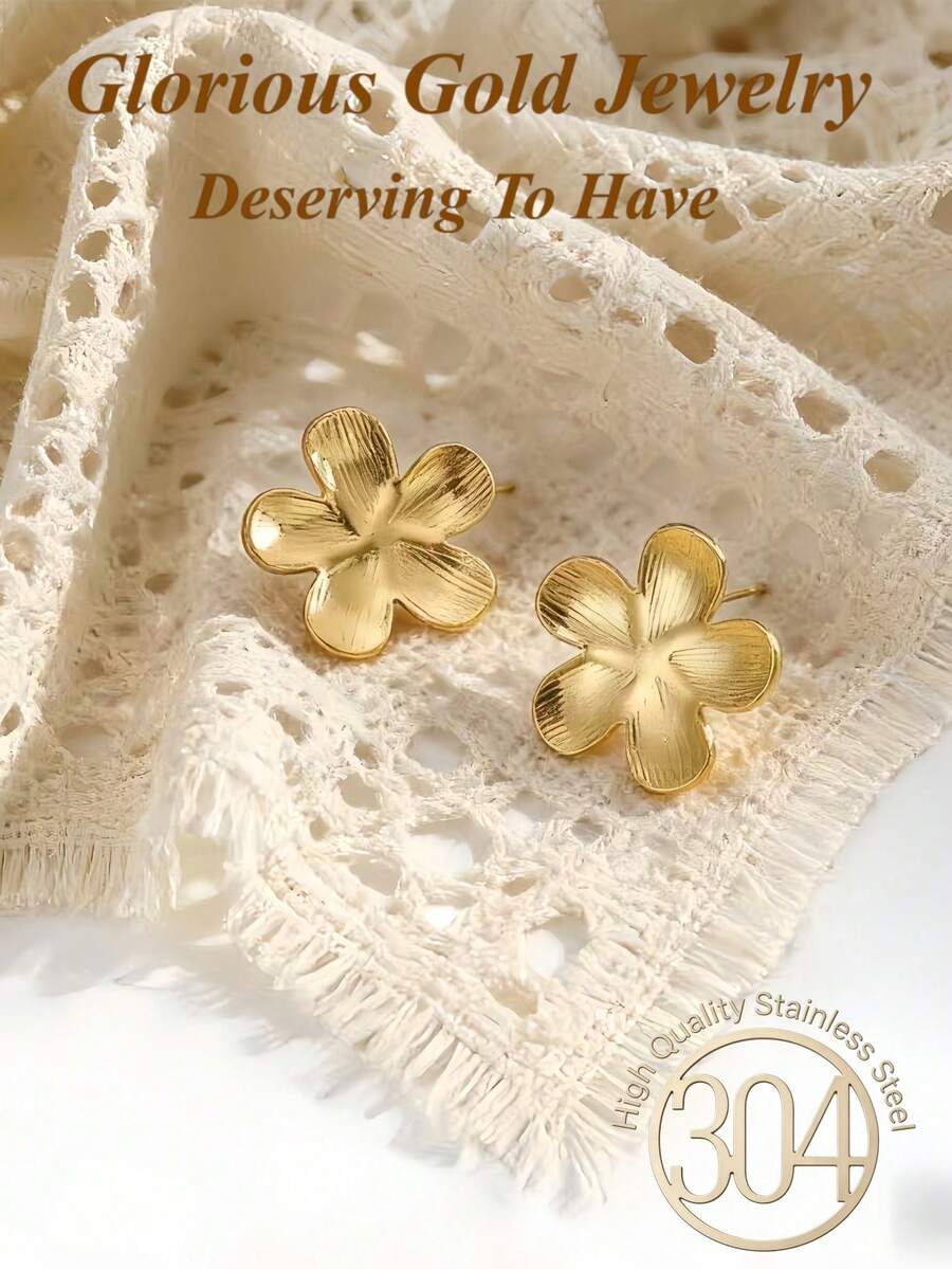 Women's Gold Flower Earrings, Fashionable Jewelry, Large Floral Minimalist Style Flower Earrings - Multicolor - View 1