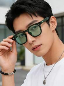 1pc New Retro Rivet Small Frame PC Decorative Fashion Glasses, Minimalist Versatile High-End Unisex Fashion Glasses For Driving & - Mint Green - View 3